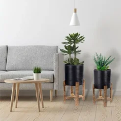 Idooka Metal Barrel Plant Pot Pair With Wooden Stands -Florist Zone FZ30005 PLANTERS.Black .Lifestyle
