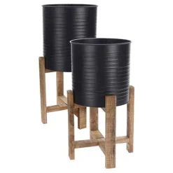 Idooka Metal Barrel Plant Pot Pair With Wooden Stands -Florist Zone FZ30005 PLANTERS.Black .Main