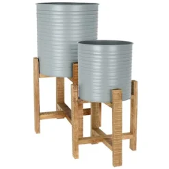 Idooka Metal Barrel Plant Pot Pair With Wooden Stands -Florist Zone FZ30005 PLANTERS.Grey .Main