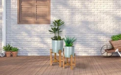 Idooka Metal Barrel Plant Pot Pair With Wooden Stands -Florist Zone FZ3000520 grey