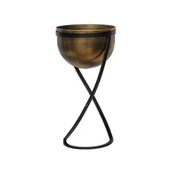 Indoor Kensington Tall Brass Metal Round Planter On Stand H42Cm W20Cm
