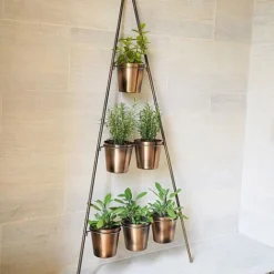 Outdoor Vertical Gold Metal Wall Plant Stand With Planters H128Cm W51Cm Planter Size Ext Diam 9Cm -Florist Zone OVWPS128 1