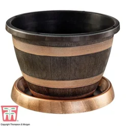 Wooden Barrel Effect Pot & Saucer -Florist Zone barrel
